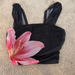 SHEIN Black Crop Top with Pink Floral Design